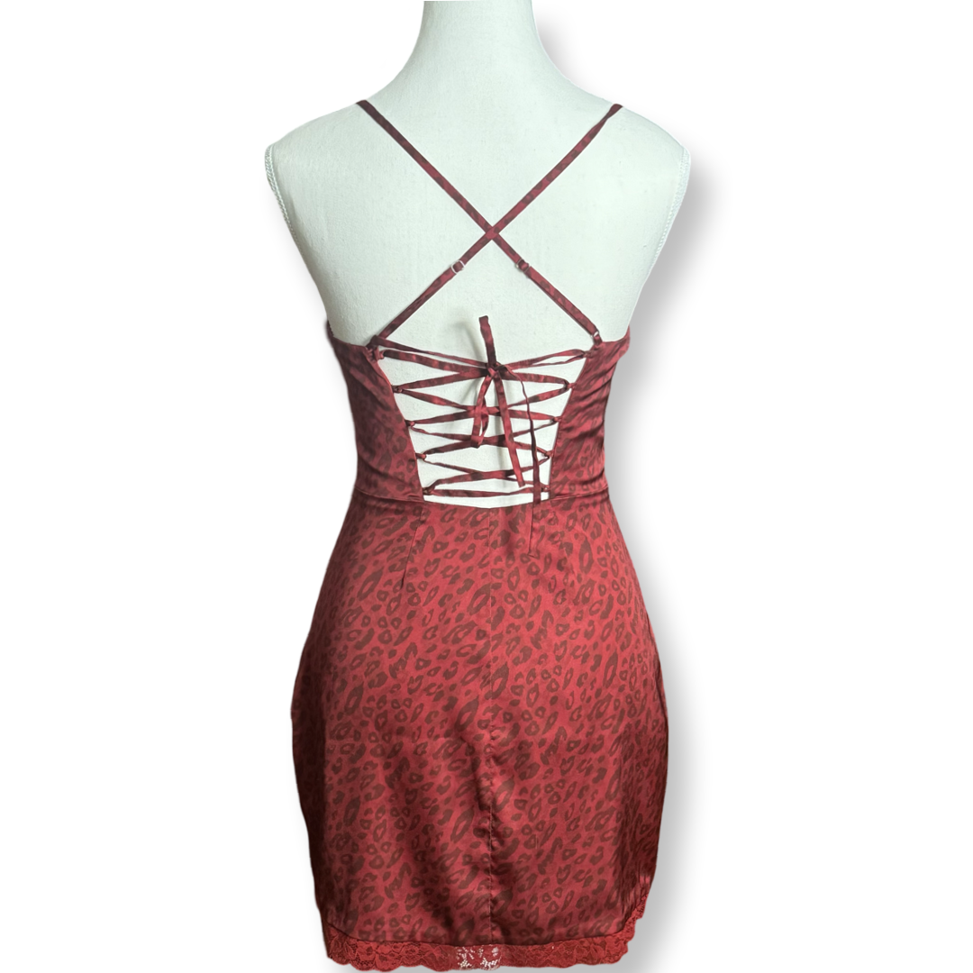 Red Hot Leopard Print Lace-Up Slip Dress | Size S