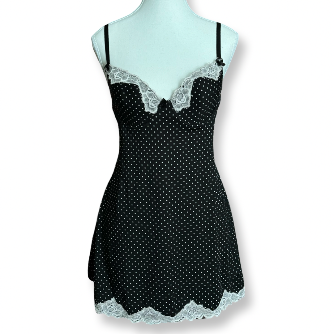 Vintage Inspired Polka Dot Lace Trim Slip Dress | Size S/M