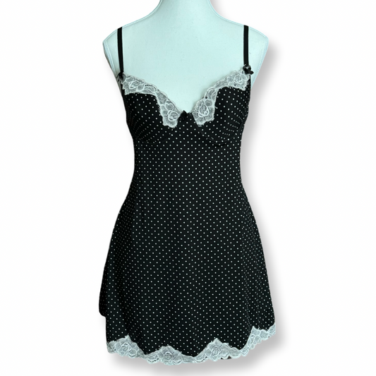 Vintage Inspired Polka Dot Lace Trim Slip Dress | Size S/M