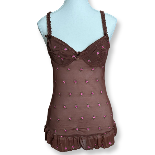 Brown Floral Embroidered Lingerie Top | Size S