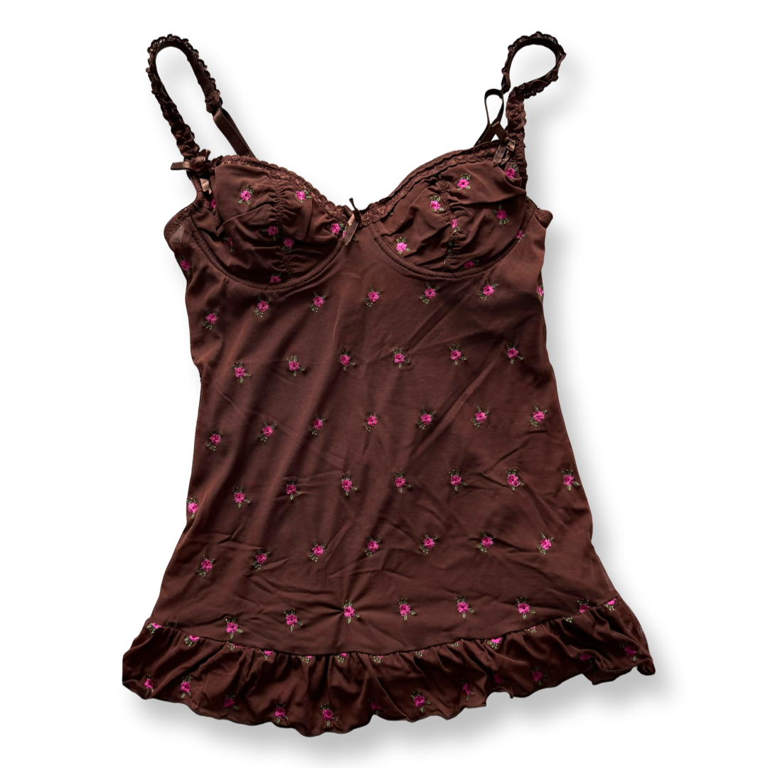 Brown Floral Embroidered Lingerie Top | Size S