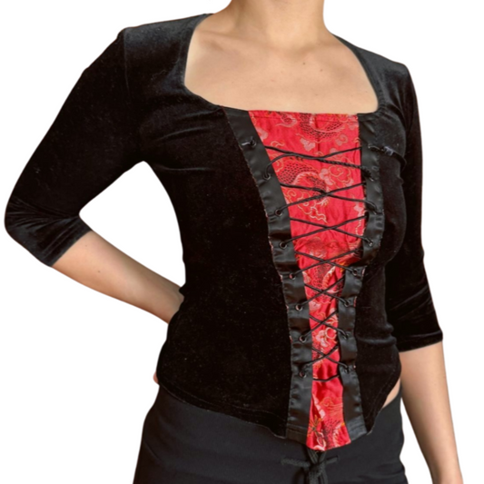 Vintage 90s Red and Black Corset-Style Top | Size M