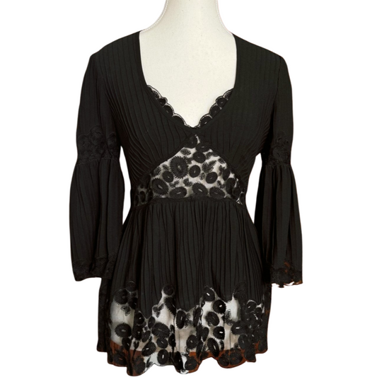 Pleated Babydoll Silk & Wool Blouse with Floral Lace Detail