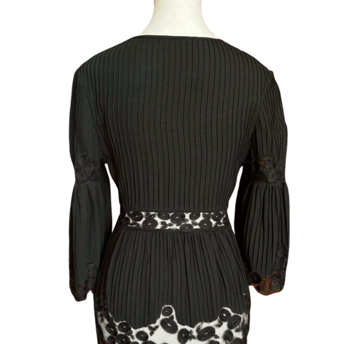 Pleated Babydoll Silk & Wool Blouse with Floral Lace Detail