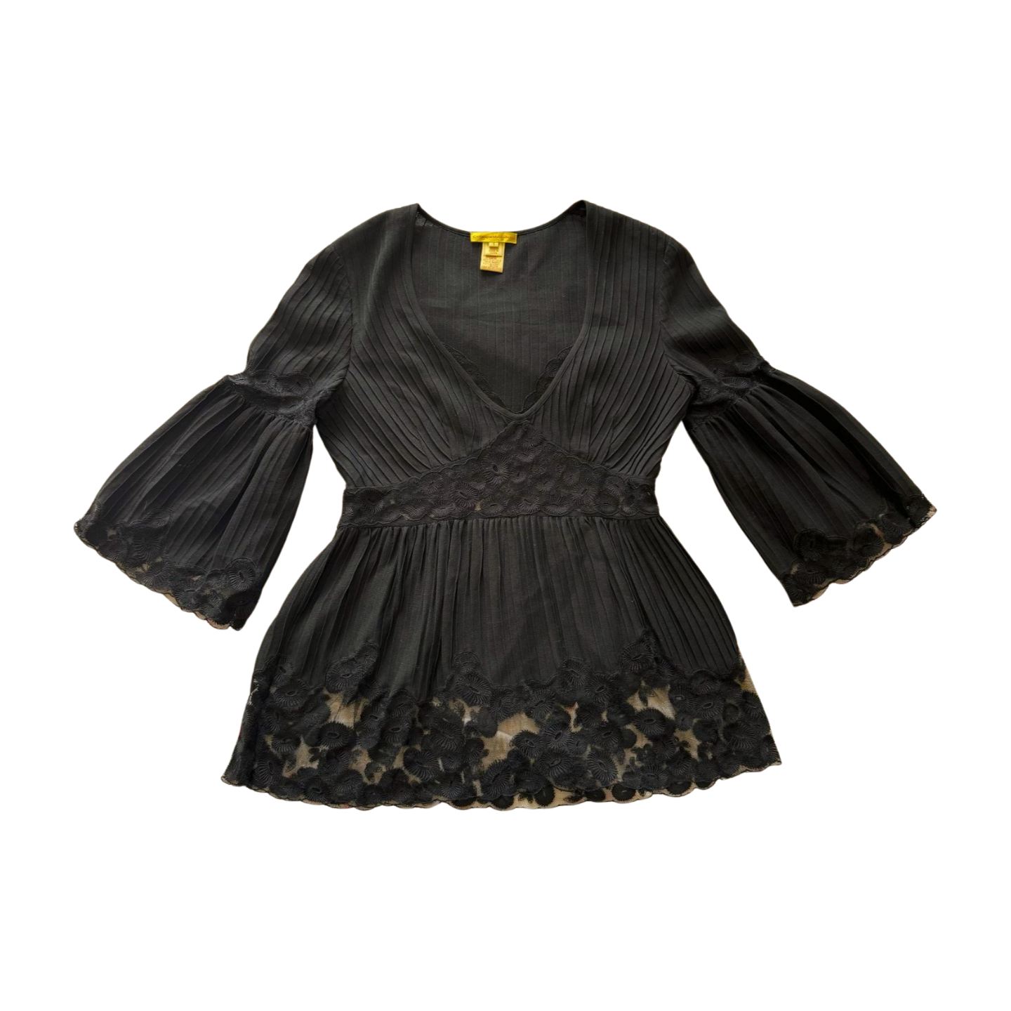 Pleated Babydoll Silk & Wool Blouse with Floral Lace Detail