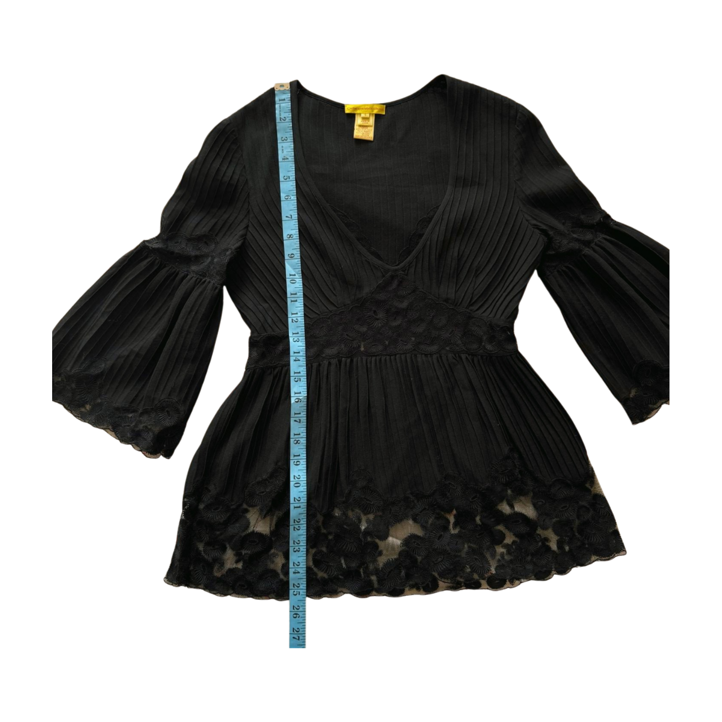 Pleated Babydoll Silk & Wool Blouse with Floral Lace Detail