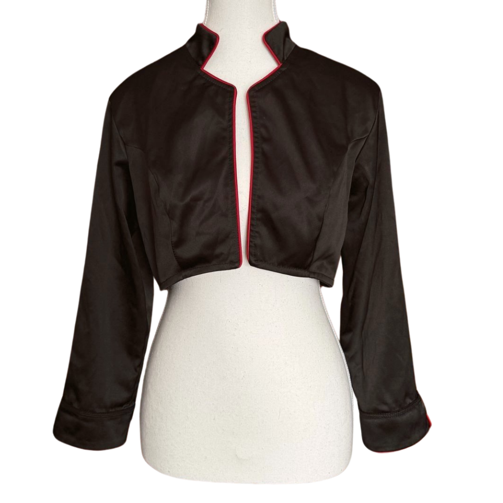 Vintage Black Cropped Satin Jacket W/ Red Piping | Size S