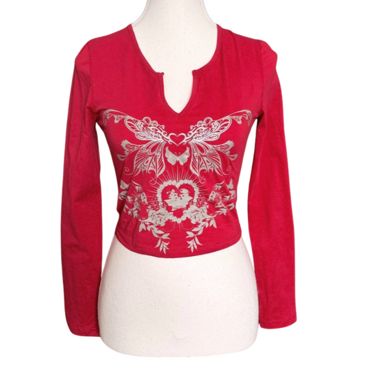 Red Long Sleeve Top with Heart and Butterfly Graphic | Size S