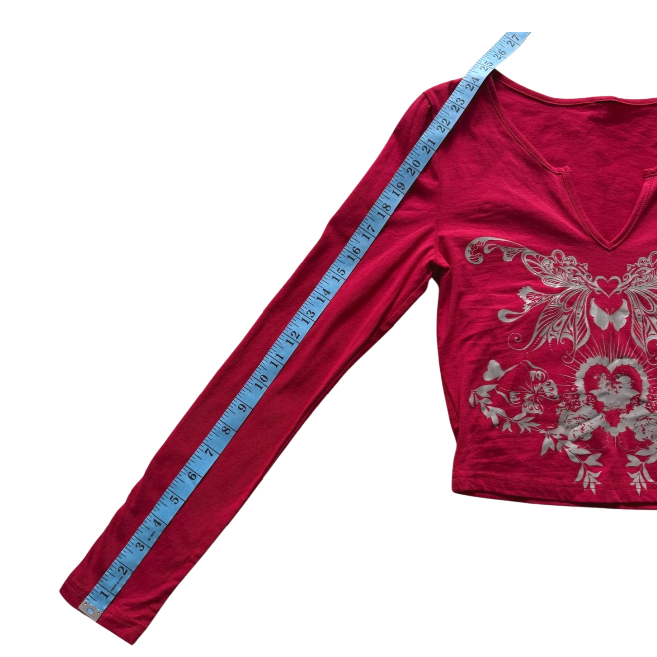 Red Long Sleeve Top with Heart and Butterfly Graphic | Size S