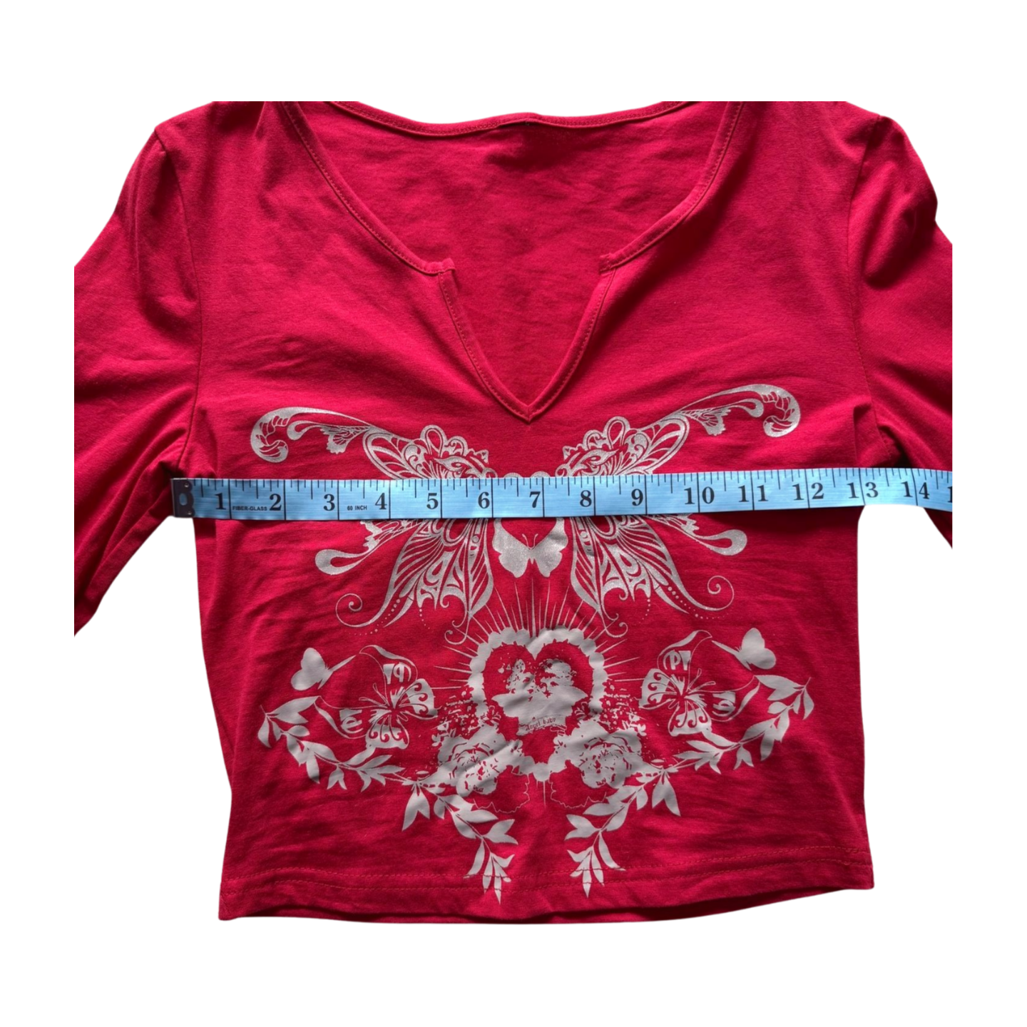 Red Long Sleeve Top with Heart and Butterfly Graphic | Size S