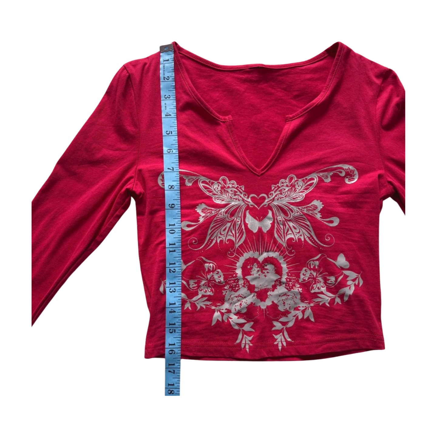 Red Long Sleeve Top with Heart and Butterfly Graphic | Size S