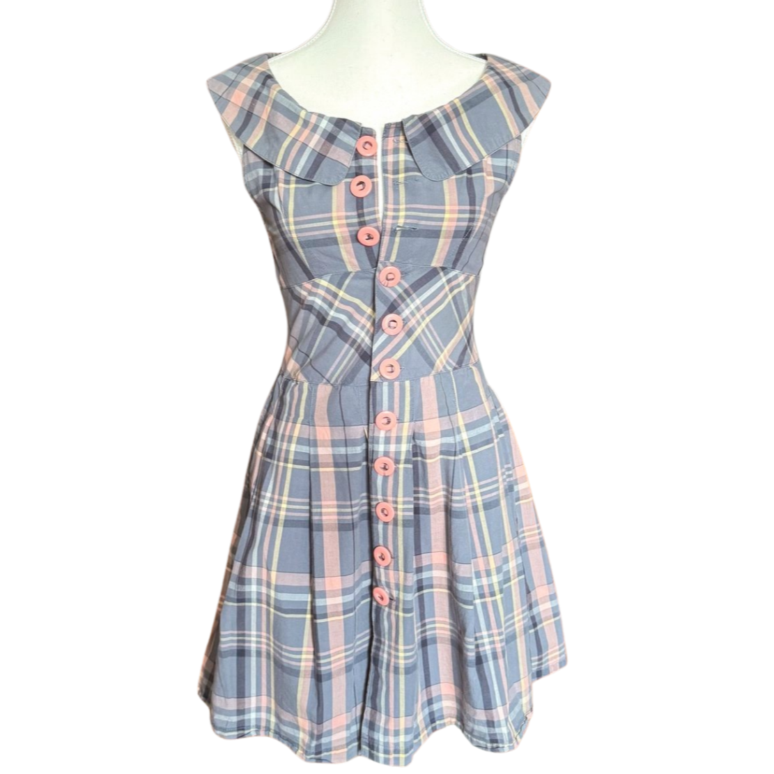 Vintage Plaid Pink Button Front Dress w/ Ruffled Collar | Size 2