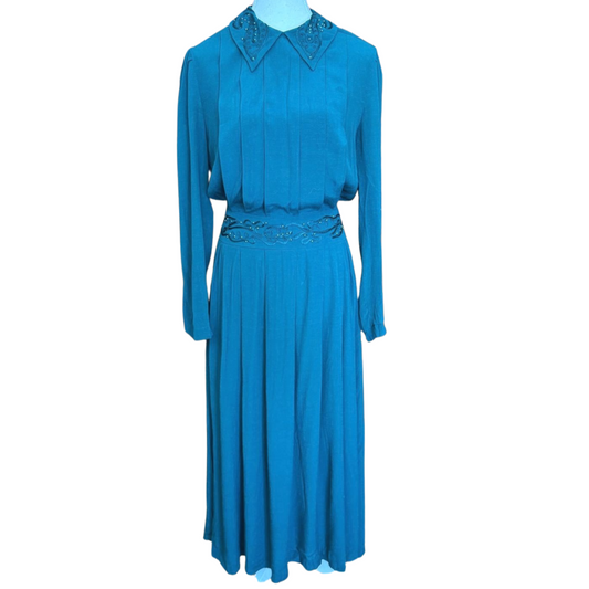 Teal Pleated Vintage Dress with Embroidered Collar | Size 6