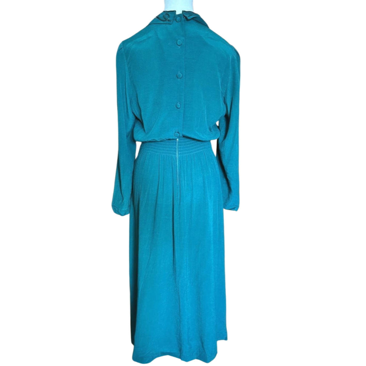 Teal Pleated Vintage Dress with Embroidered Collar | Size 6