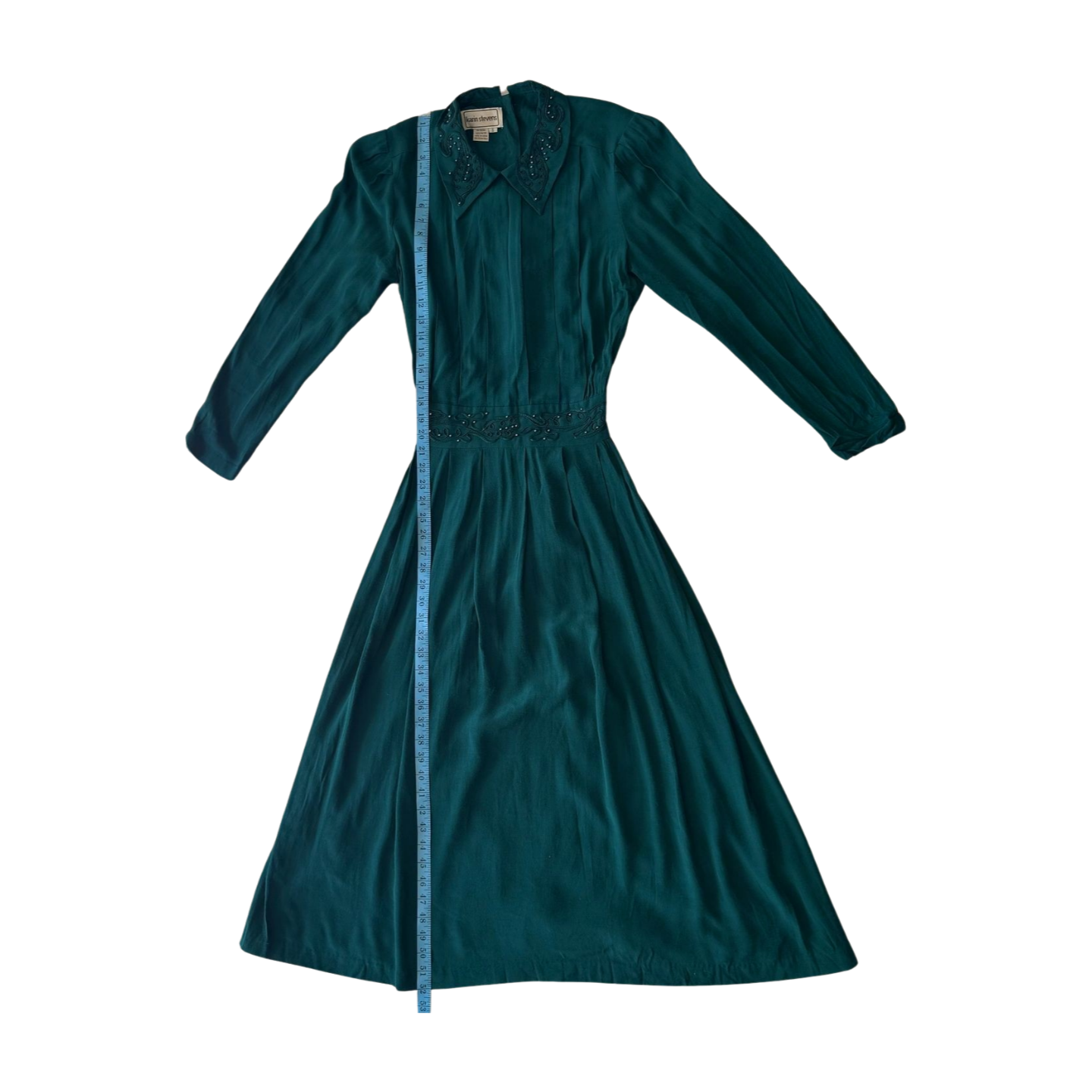 Teal Pleated Vintage Dress with Embroidered Collar | Size 6