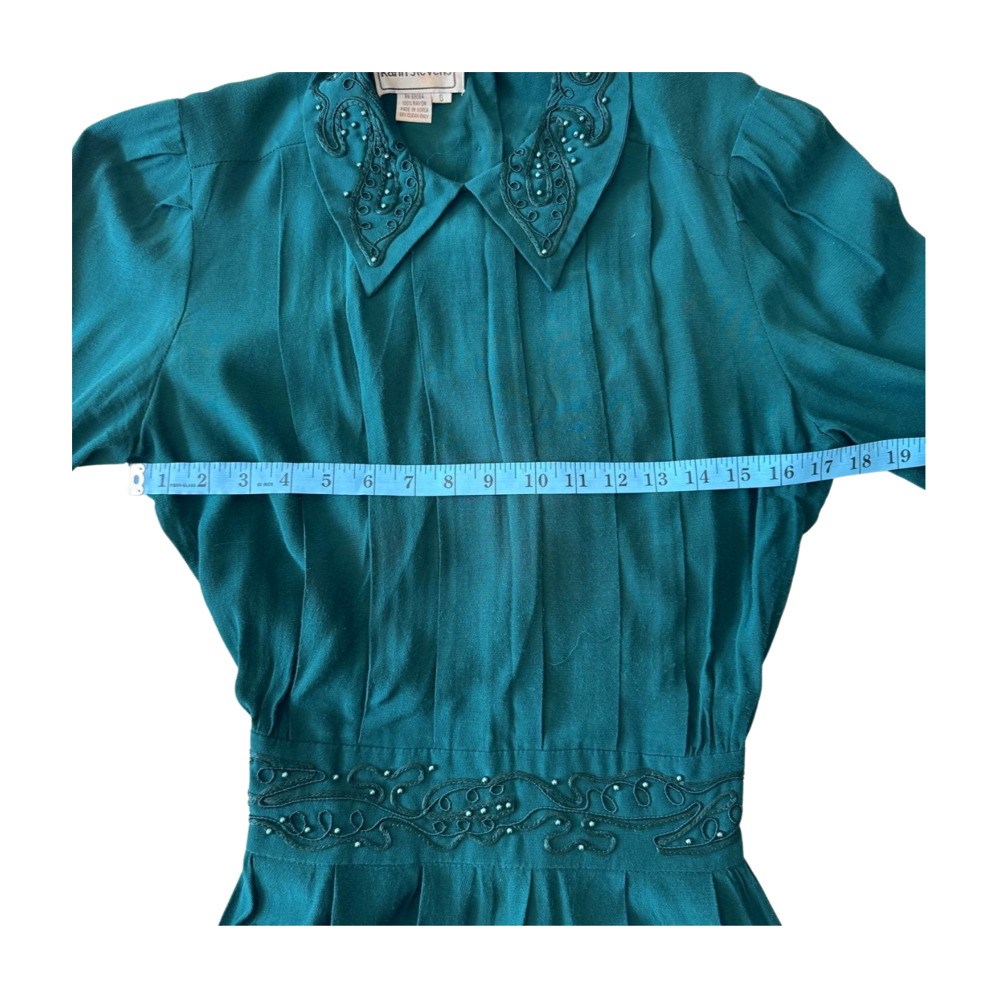 Teal Pleated Vintage Dress with Embroidered Collar | Size 6