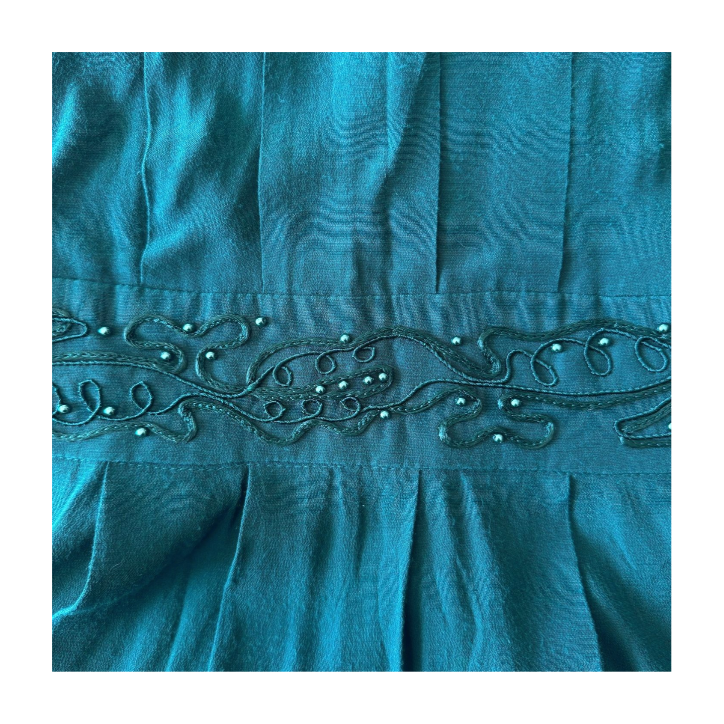 Teal Pleated Vintage Dress with Embroidered Collar | Size 6