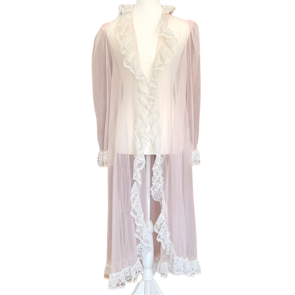 70s Light Pink Lace Trim Robe | One Size